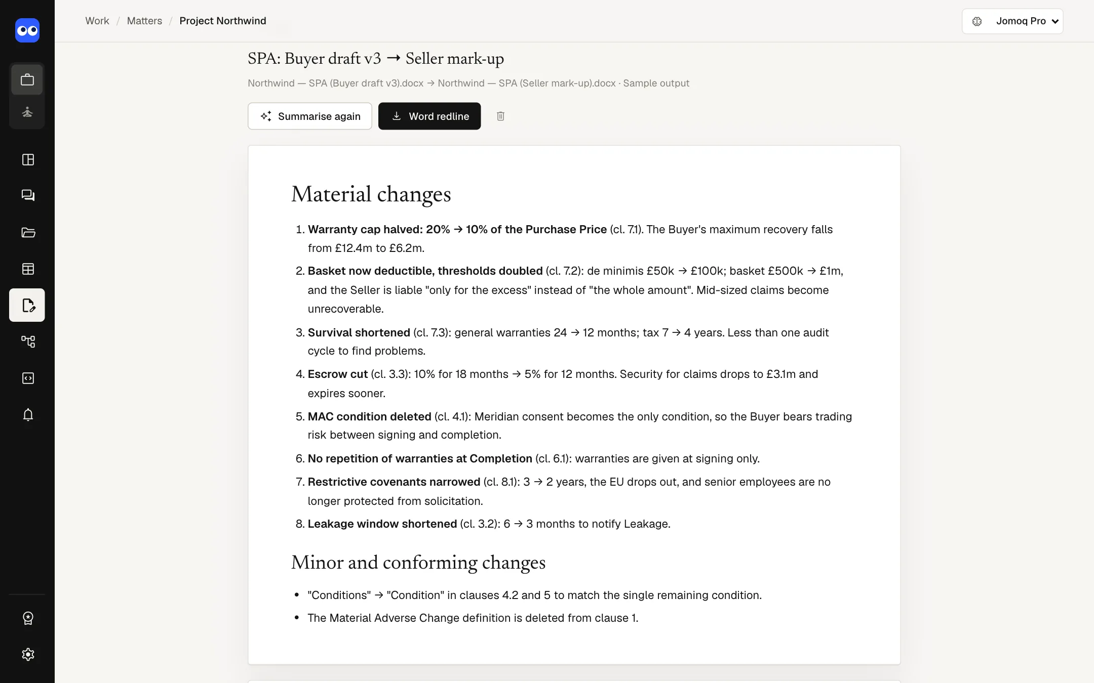 A comparison of the buyer's draft and the seller's mark-up: eight material changes, from the warranty cap to the leakage window
