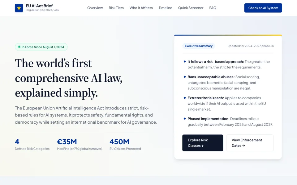 One-page brief on the EU AI Act with an executive summary panel
