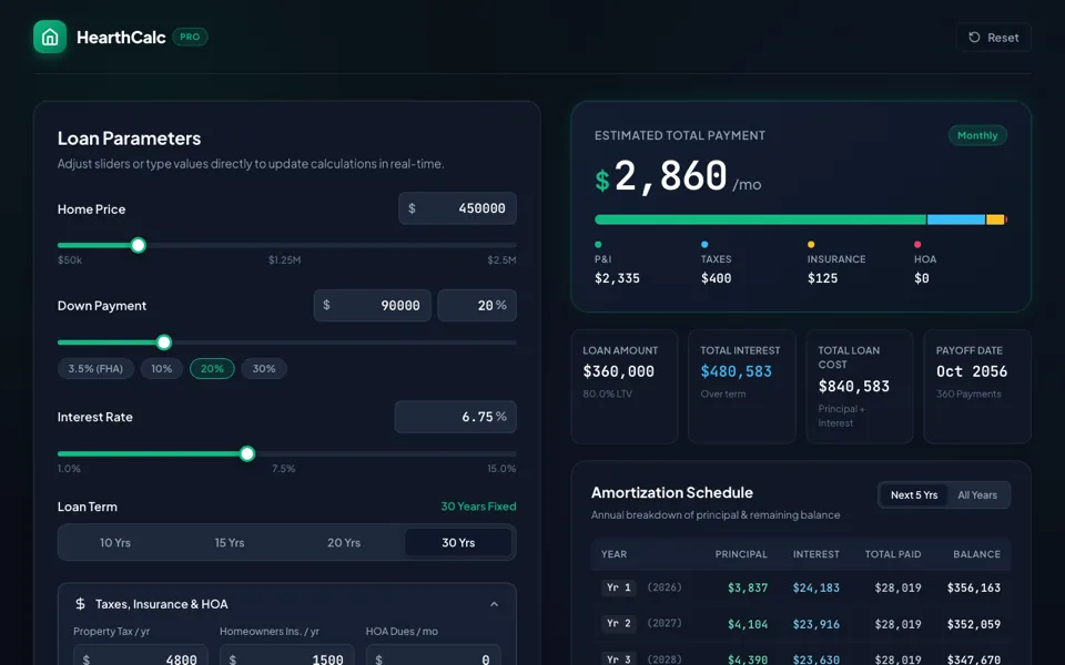 Mortgage calculator with sliders and a live monthly payment
