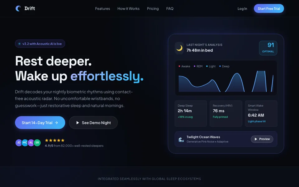 Landing page for a sleep-tracking app called Drift: dark hero beside a sleep-score card
