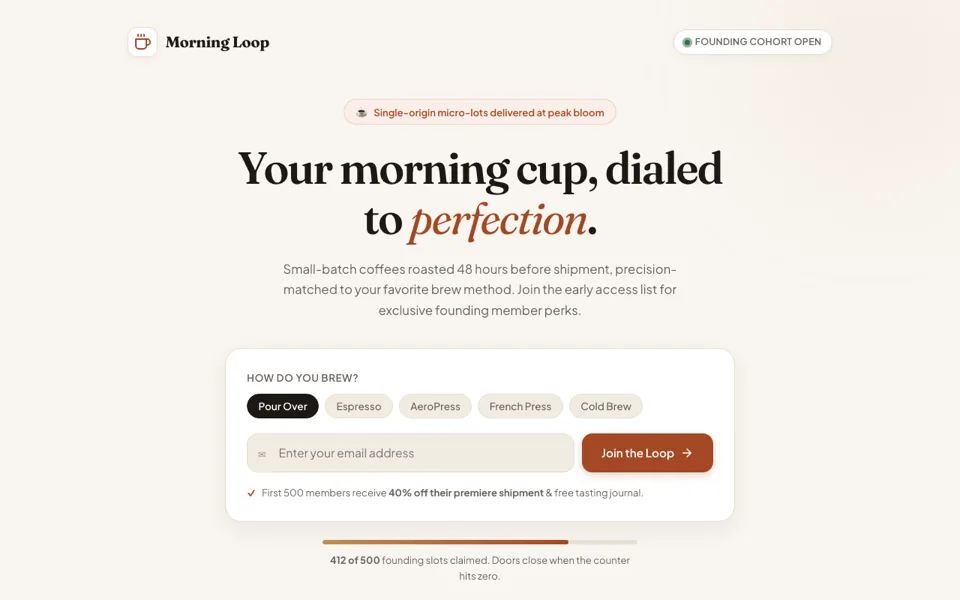 Coming-soon page for a coffee subscription with an email capture