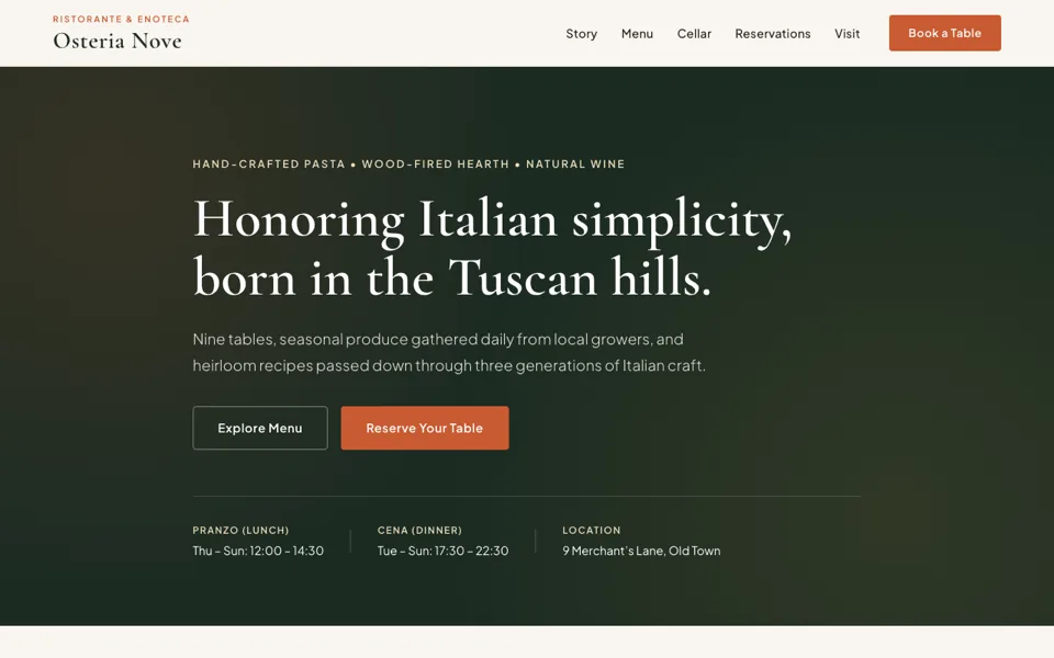 Menu page for an Italian restaurant with a serif headline and a reservation button