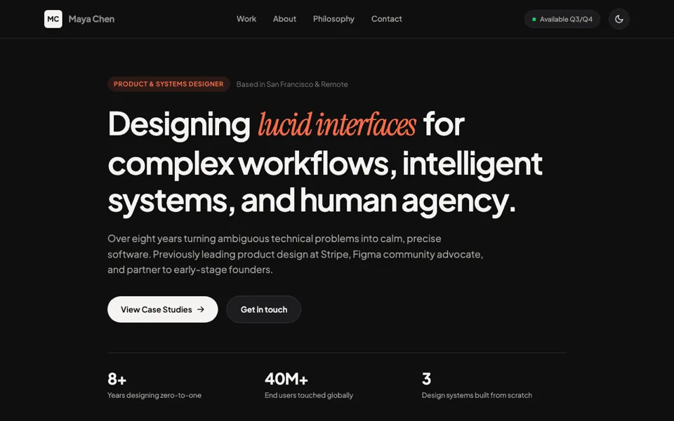 Portfolio site for a product designer with a bold headline and stats