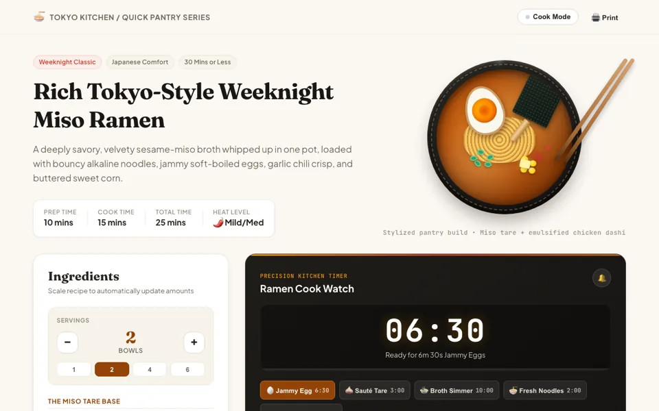 Recipe page for miso ramen with a servings scaler and a cook timer