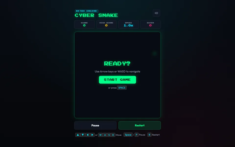 Retro Snake game on a canvas with a start screen