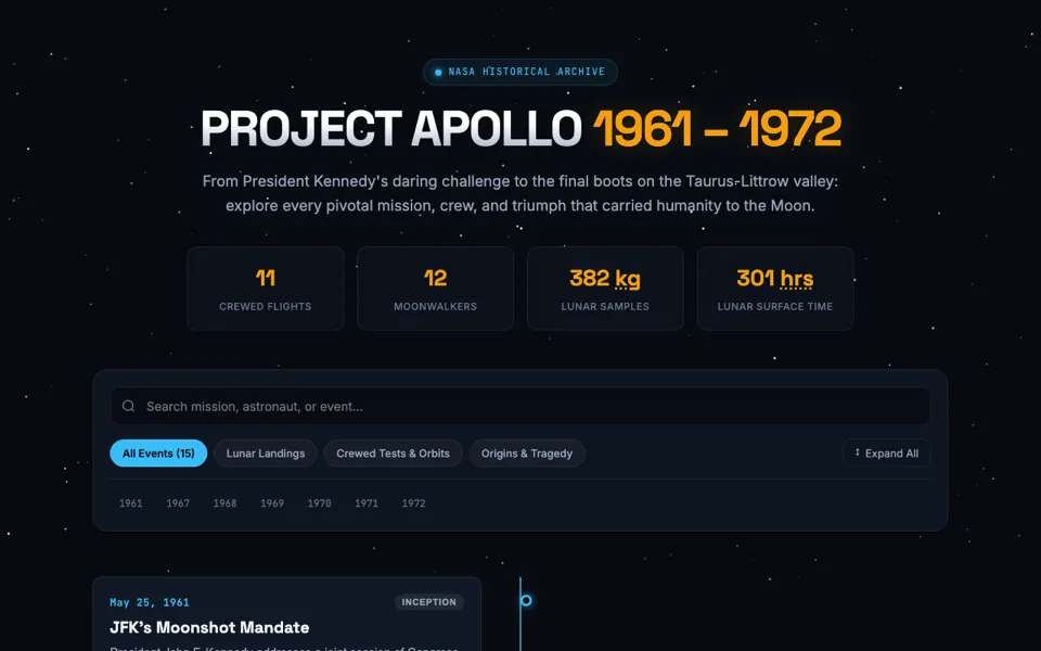 Interactive timeline of the Apollo program with milestone cards
